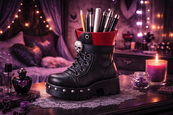 Gothic Combat Boot Makeup Brush Holder: A Statement Piece for Alternative Vanity Decor